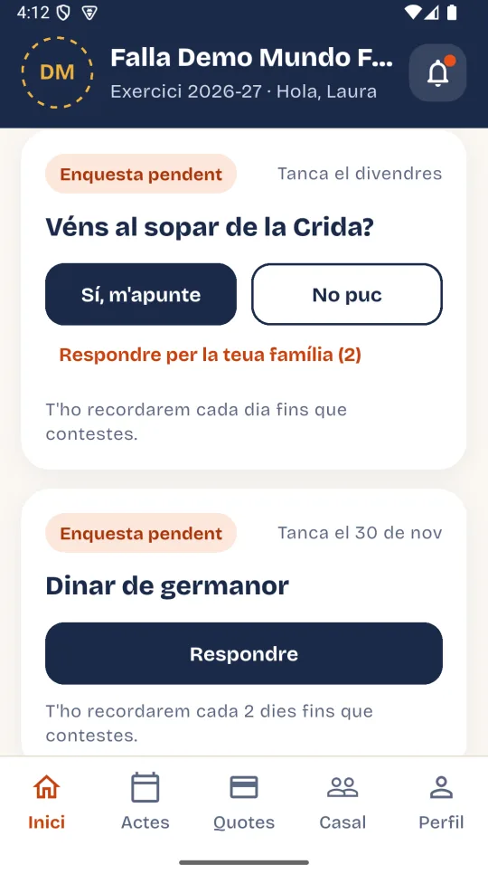 Pantalla d'inici de l'app: enquesta pendent, quotes i pròxims actes