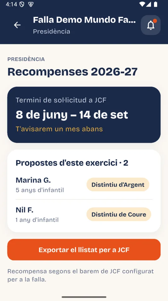 Pantalla de recompenses: termini de sol·licitud i propostes de l'exercici